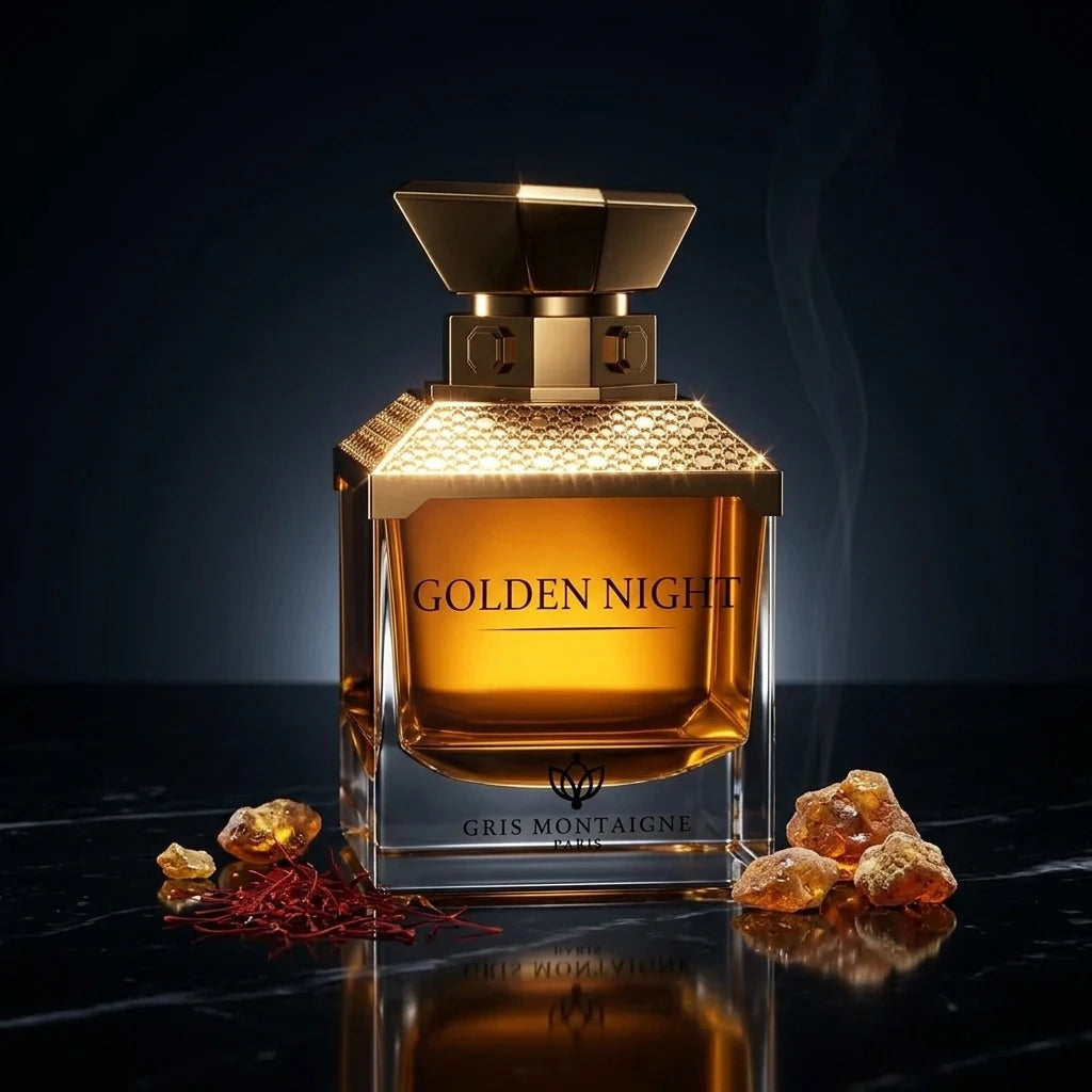 Un plan moyen net et rigoureusement frontal du flacon de parfum image_28.png posé à la verticale sur une plaque de marbre noir poli à l'effet miroir. La lumière traverse le flacon par l'arrière (backlight), illuminant le jus ambré et faisant rayonner de mille feux les épaulements ciselés de image_28.png. Quelques filaments de safran précieux et des morceaux de résine d'ambre brut sont délicatement disposés de manière asymétrique à la base. Style : Photographie publicitaire de haute joaillerie, atmosphère my