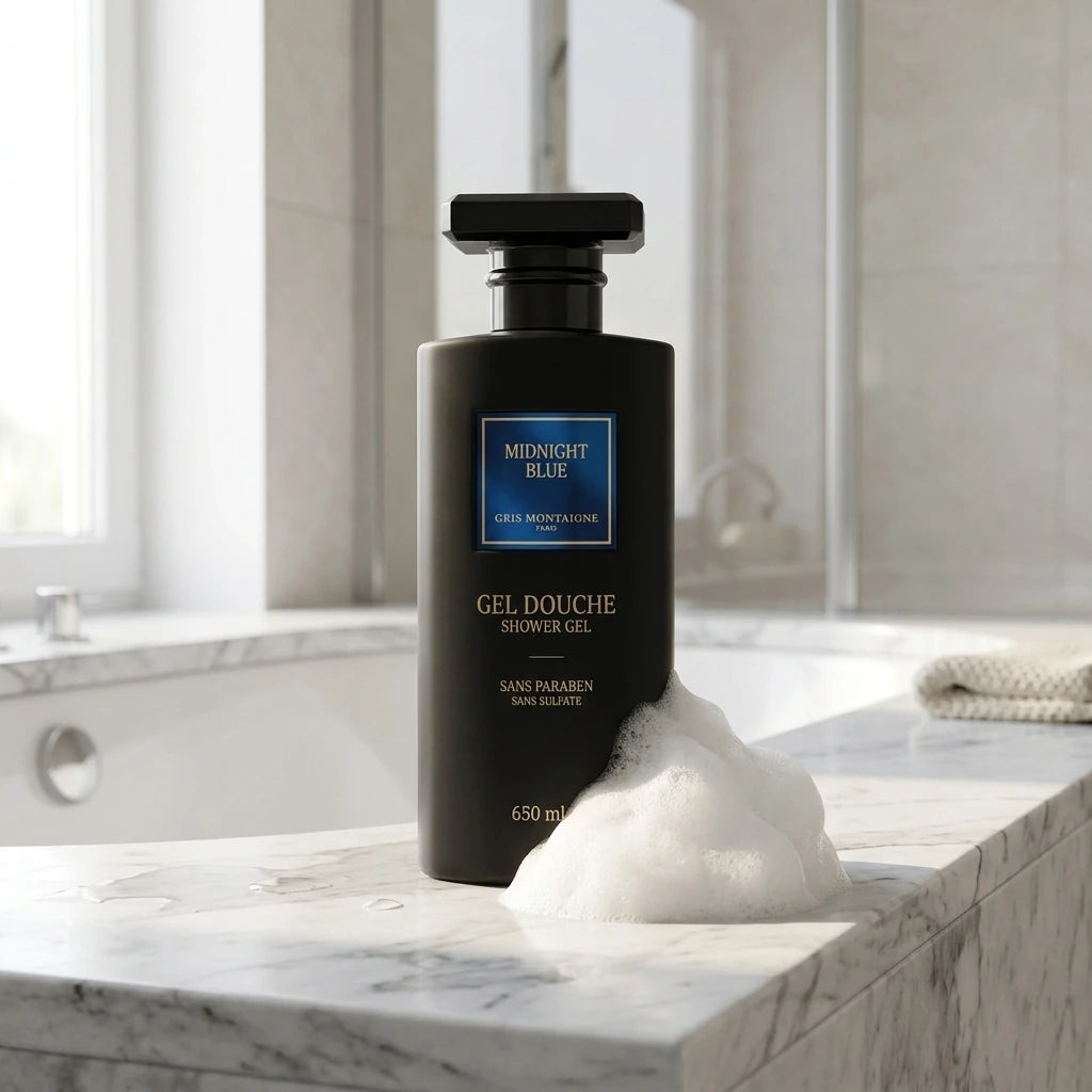 Un plan moyen de profil montrant uniquement le grand flacon de gel douche noir de image_20c739.jpg posé sur le rebord en marbre d'une baignoire moderne. Une texture riche, vaporeuse et aérienne de mousse blanche onctueuse est délicatement déposée à sa base, contrastant avec l'opacité sombre de la bouteille. La lumière naturelle du matin inonde doucement la scène. Style : Photographie lifestyle haut de gamme. (gemini-3.1-flash-image-preview)