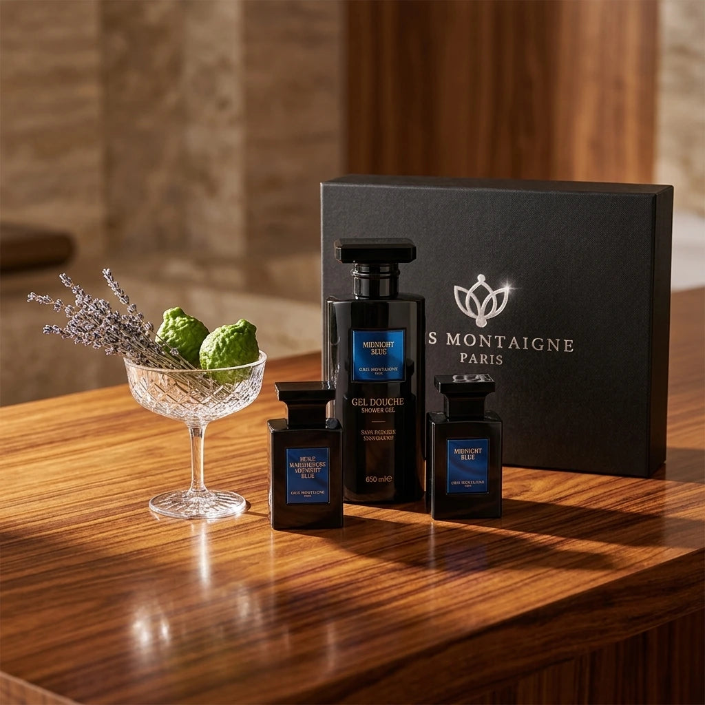 Un plan large à 45 degrés du coffret et des trois flacons de image_20c739.jpg exposés sur une table en bois de santal précieux et poli. À côté des bouteilles, une coupelle en verre cristal contient de fines branches de lavande séchée et des zestes de bergarmote fraîche. Une lumière douce et rasante traverse la pièce, installant une atmosphère rafraîchissante et luxueuse de spa et de soin quotidien. Style : Campagne éditoriale de marque. (gemini-3.1-flash-image-preview)