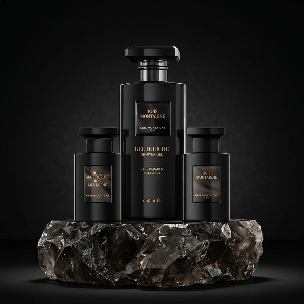 Un plan moyen net et frontal focalisé sur le grand flacon de gel douche et les deux bouteilles de parfum de image_2210be.jpg, isolés de leur boîte arrière. Les produits sont alignés sur un bloc de quartz noir brut. Un spot directionnel précis frappe directement les écritures dorées de image_2210be.jpg, révélant leur éclat subtil et haut de gamme au milieu de l'opacité noire. Style : Photographie cosmétique de haute précision. (gemini-3.1-flash-image-preview)