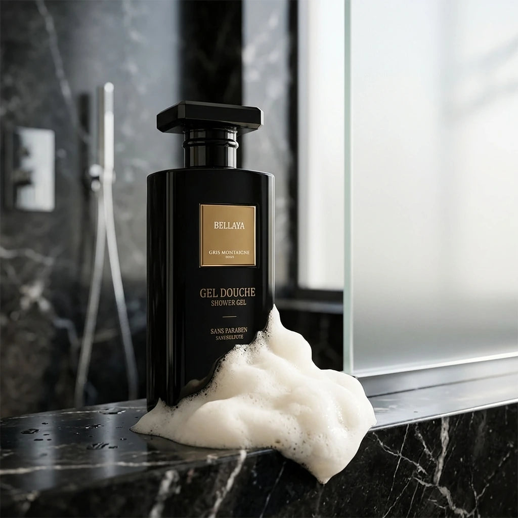 Un plan moyen de profil montrant uniquement l'imposant flacon de gel douche noir de image_221fc1.jpg posé sur le rebord en marbre noir d'une douche moderne. Une texture riche, vaporeuse et aérienne de mousse blanche onctueuse est délicatement déposée à sa base, contrastant avec l'opacité sombre de la bouteille. La lumière naturelle filtre à travers une vitre sablée. Style : Photographie lifestyle haut de gamme. (gemini-3.1-flash-image-preview)