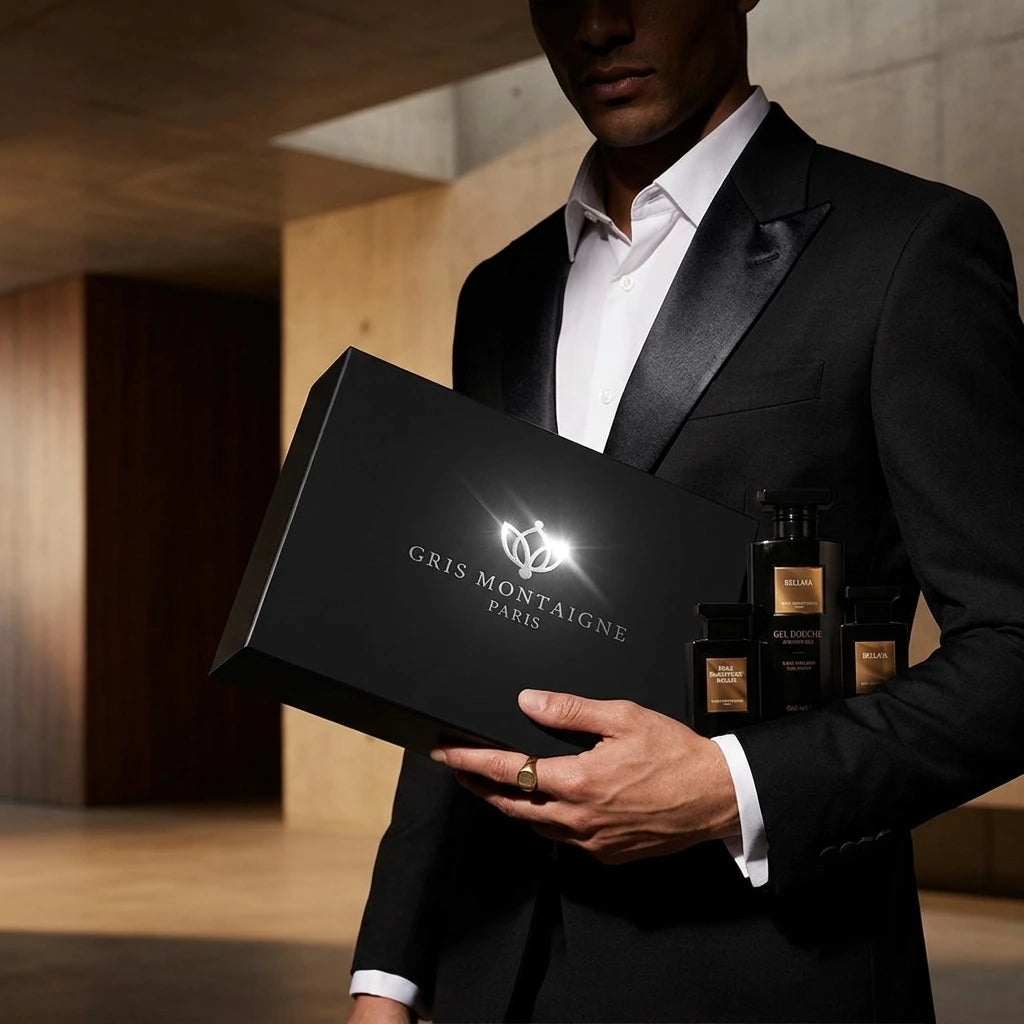 Un plan moyen d'un mannequin au visage partiellement plongé dans la pénombre, vêtu d'un smoking noir sur mesure au revers en satin brillant. Il est capturé dans un intérieur architectural moderne et minimaliste baigné d'ombres chaudes. Il tient le grand coffret de image_221fc1.jpg d'une main, tandis que l'éclat argenté du logo capte un pinceau de lumière blanche intense. Style : Campagne de mode cinématographique. (gemini-3.1-flash-image-preview)