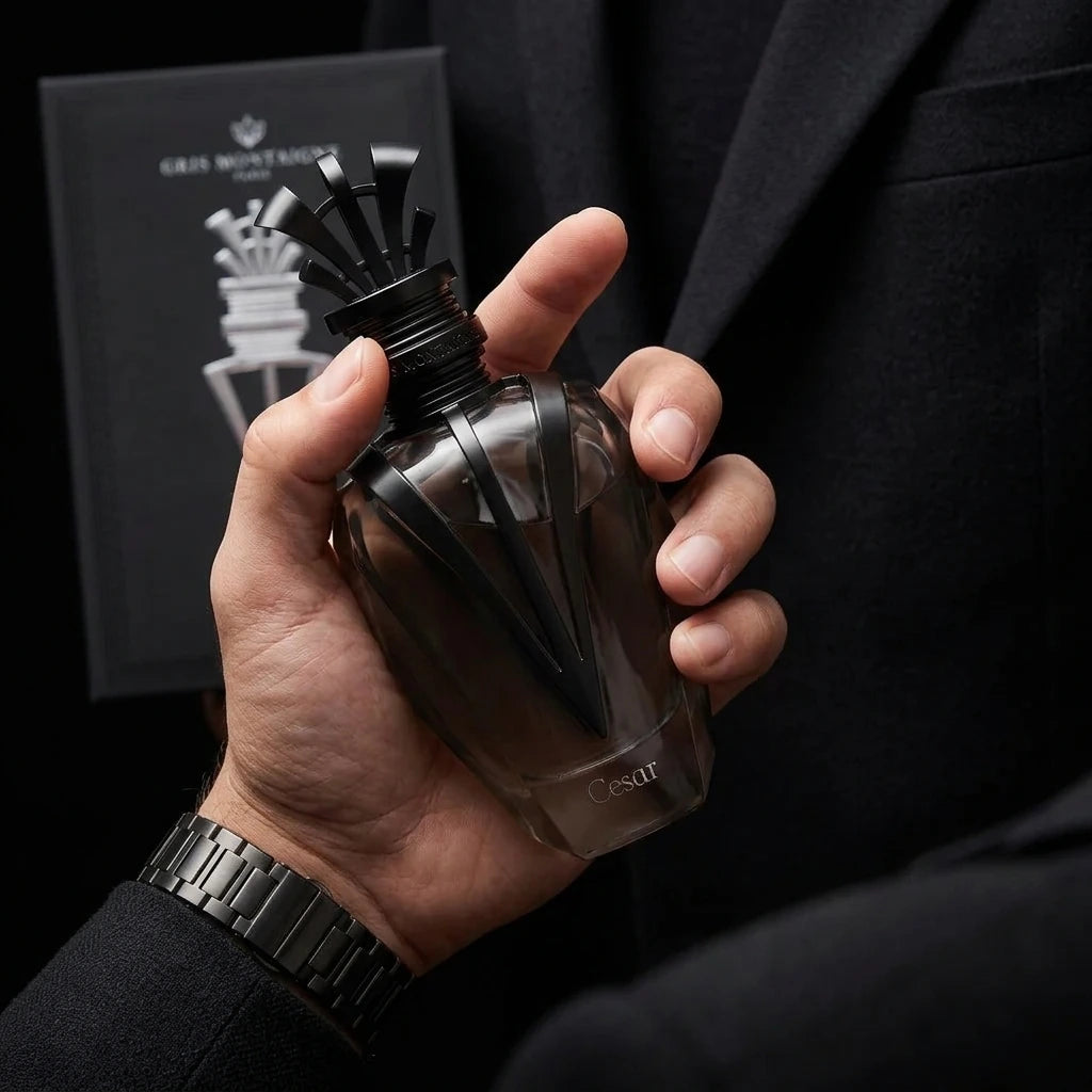Un plan serré et intimiste centré sur les mains d'un mannequin homme au poignet orné d'une montre de luxe en acier brossé sombre. Ses doigts tiennent fermement et avec assurance le corps sculptural en verre fumé et métal noir du flacon de image_2de6bf.jpg, extrait de son coffret visible en arrière-plan flou. Le fond de l'image montre la texture noble d'une veste de costume sur mesure noire texturée. Style : Campagne publicitaire de mode et de parfum de luxe masculin. (gemini-3.1-flash-image-preview)