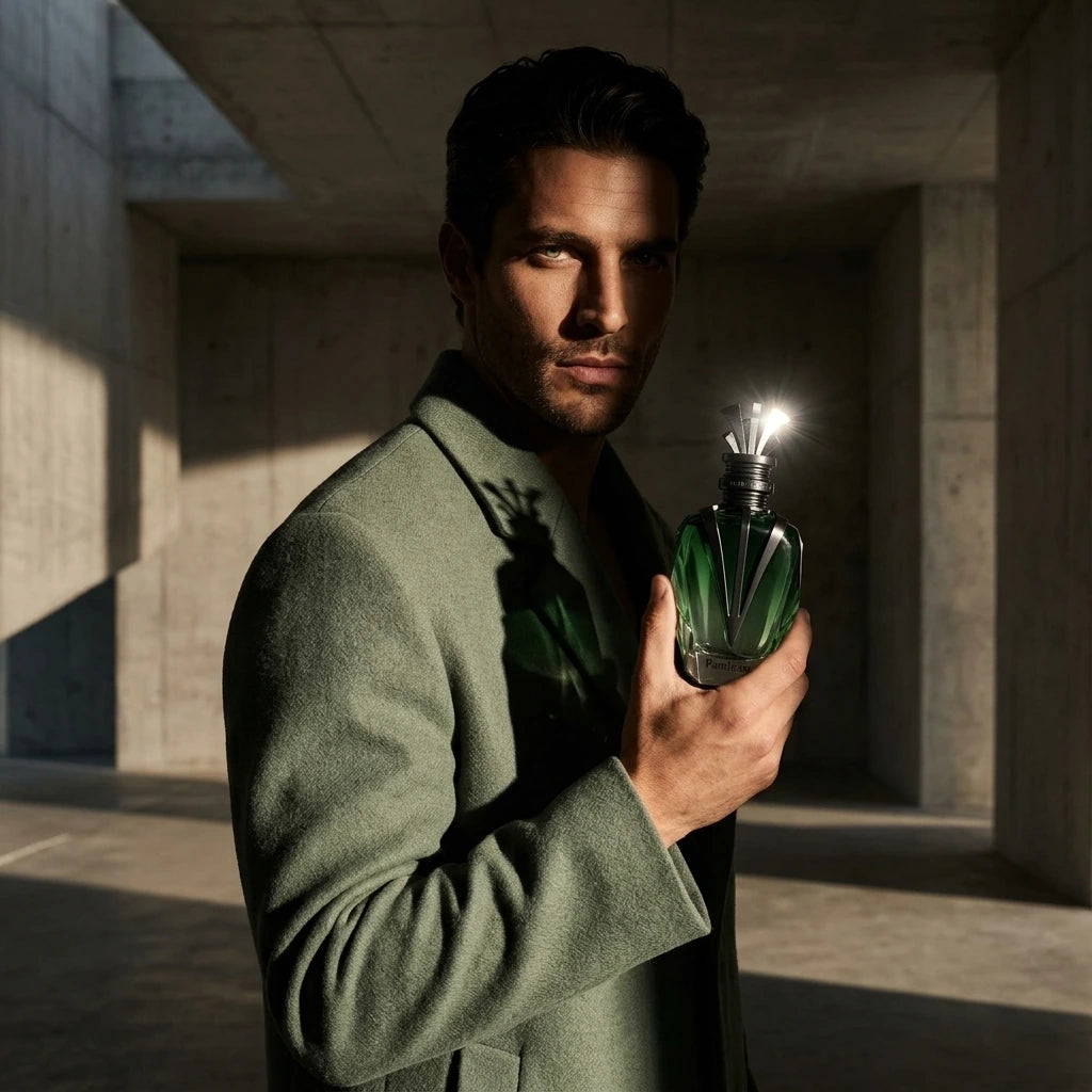 Un plan moyen d'un mannequin homme au visage charismatique, le regard perçant et partiellement plongé dans la pénombre, vêtu d'un manteau en laine vert sauge de haute couture. Il est capturé dans un intérieur architectural minimaliste aux lignes épurées en béton brut, baigné d'une lumière rasante de fin d'après-midi. Il tient le flacon de image_2e5b78.jpg mis en avant dans sa main droite, dont la couronne noire capte un pinceau de lumière blanche intense et réaliste. Style : Campagne de mode cinématographiq