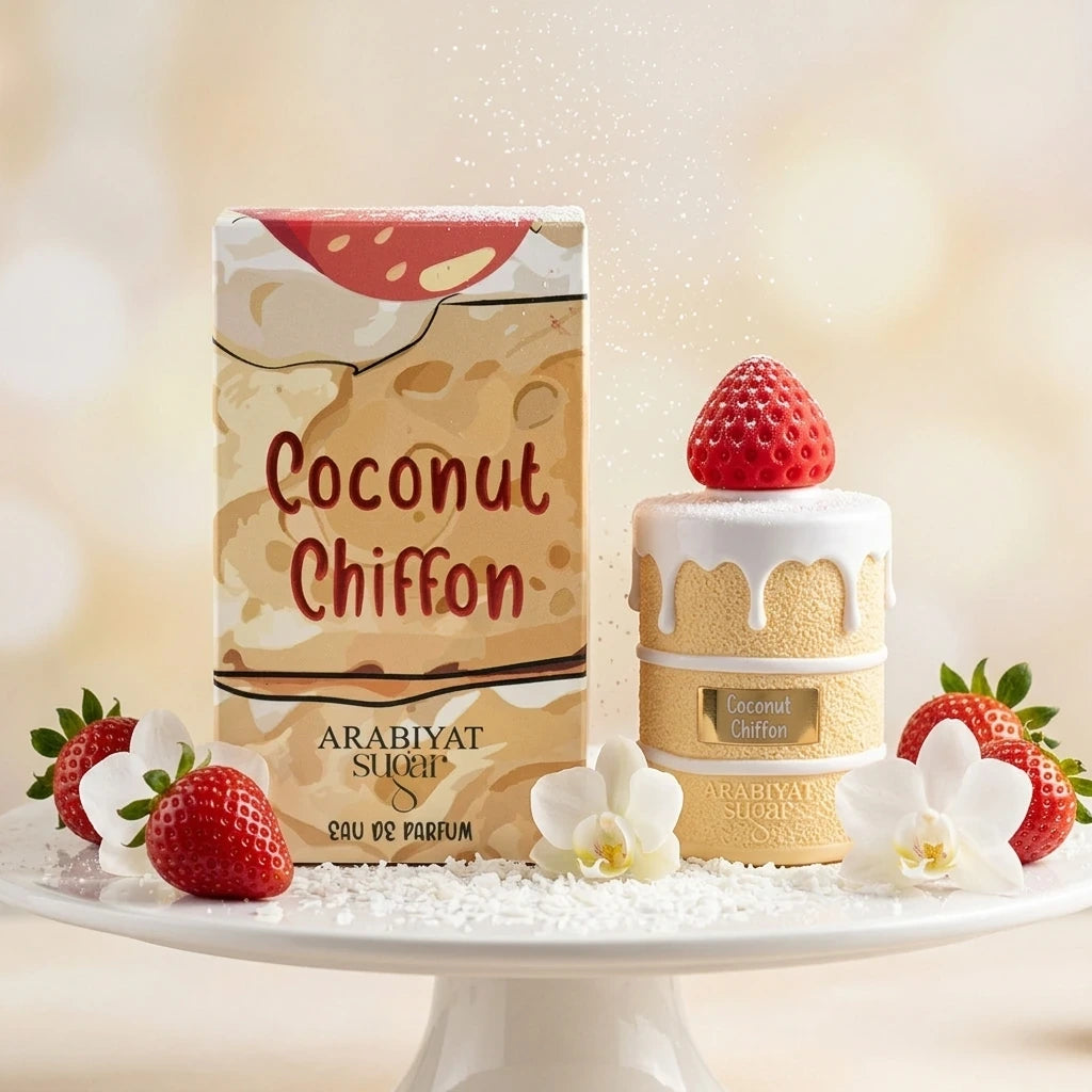 Creative e-commerce shot of the Arabiyat Sugar Coconut Chiffon perfume bottle and box inspired by the theme in image_51a2bf.jpg. The items are placed on an elegant white cake stand, surrounded by scattered flakes of freshly grated white coconut, vanilla flowers, and a few whole, glossy red strawberries. A soft sprinkle of powdered sugar drifts gently through the air. The background is a soft pastel cream blurred bokeh gradient. Delightful, airy, and sweet fragrance concept. Aspect ratio 1:1, size 1200x1200p