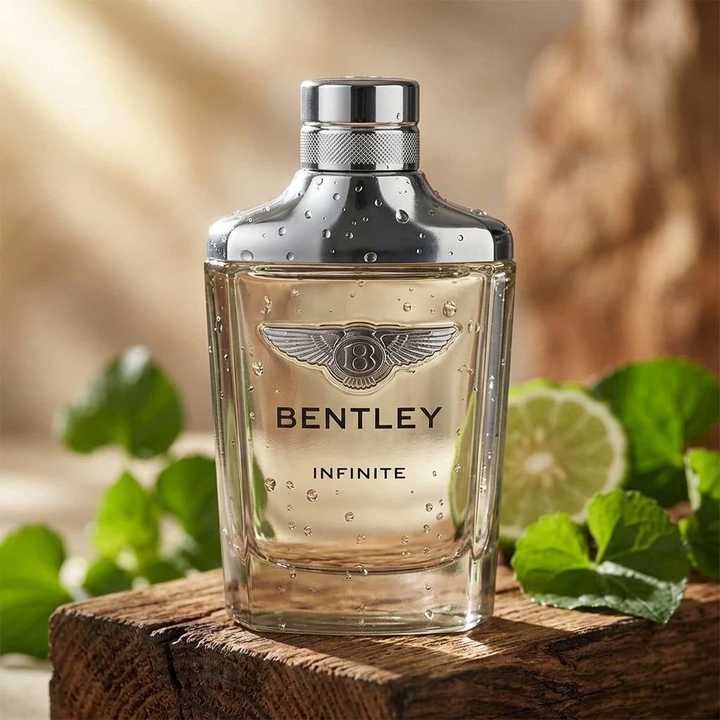 Commercial product photography of a 100ml Bentley Infinite Eau de Toilette bottle for men. The sleek glass and silver bottle is placed on a rough, textured dark cedar wood block. Soft morning sunlight filtering through, sharp focus on the Bentley logo, crisp water droplets on the bottle. Background features blurred hints of fresh green violet leaves and a slice of bergamot. High-end luxury advertisement style, photorealistic, professional studio lighting. --ar 1:1 --v 6.0 (gemini-3.1-flash-image-preview)