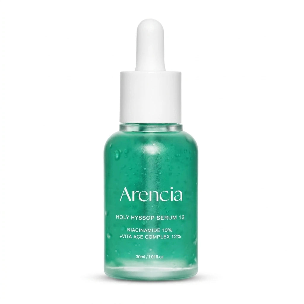 A wide shot product photograph of the Arencia Holy Hyssop Serum 12 dropper bottle (image_4e77e7.jpg), centered in the frame with substantial clean white negative space all around it. Perfect for integrating luxury beauty typography, active ingredient badges like Niacinamide, or e-commerce shop logos. Pristine seamless white background (#FFFFFF) with a gentle, realistic studio shadow at the base. Clean, modern banner aesthetic. Aspect ratio 1:1, size 1200x1200px. (gemini-3-pro-image-preview)