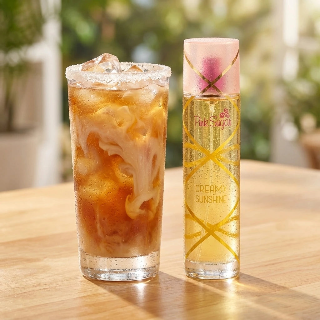 La bouteille "Pink Sugar Creamy Sunshine" (image_2.png) se tient sur une table en bois clair poli à côté d'un verre transparent de "thé solaire" glacé avec un soupçon de lait concentré et un bord givré de sucre. La condensation sur la bouteille et le verre ajoute de la texture. (gemini-3-pro-image-preview)
