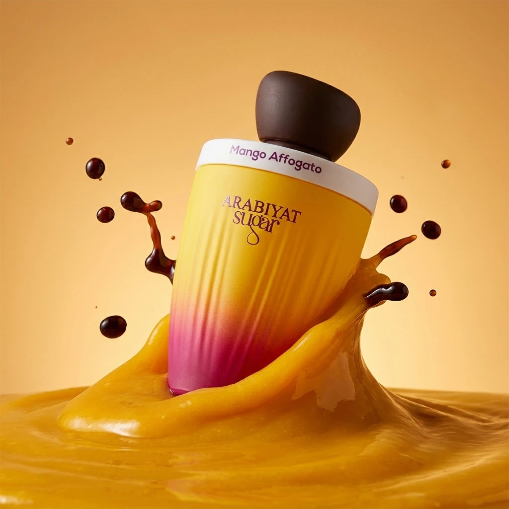 Un visuel haut de gamme carré de 1200x1200px. Le flacon d'image_952660.jpg émerge fièrement d'une onde lisse et onctueuse de coulis de mangue pure et dorée. Quelques gouttes de café noir glacé sont suspendues dans l'air autour du flacon pour créer un effet d'action figée. L'éclairage rasant met en valeur le dégradé vibrant allant du jaune safran au rose fuchsia à la base du flacon. (gemini-3-pro-image-preview)