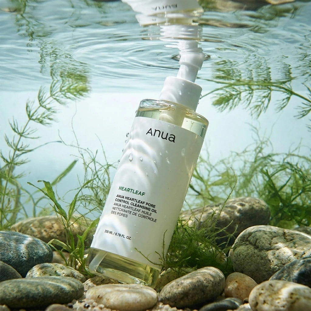 La caméra est positionnée bas, regardant à travers l'eau claire et ondulante. Le flacon d'Anua Cleansing Oil est à moitié submergé, reposant sur le lit de l'eau. Des plantes aquatiques et des algues délicates sont visibles sous la ligne de flottaison, soulignant la fraîcheur et la pureté. Le texte Anua est parfaitement clair. (gemini-3-pro-image-preview)
