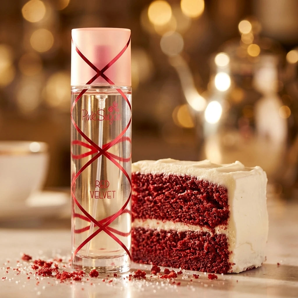 Angle : Gros plan macro, légèrement de profil.  Scène : Gros plan sur le flacon transparent de Pink Sugar Red Velvet de l'image image_7b5eae.jpg. Le ruban rouge croisé sur le verre capte la lumière. Juste à côté du flacon, une part de gâteau "Red Velvet" moelleuse et texturée est coupée, laissant voir sa couleur rouge profond et son glaçage blanc crème immaculé. Quelques miettes de gâteau rouges et des cristaux de sucre sont délicatement éparpillés à la base du parfum.  Fond : Arrière-plan flou (bokeh) de l