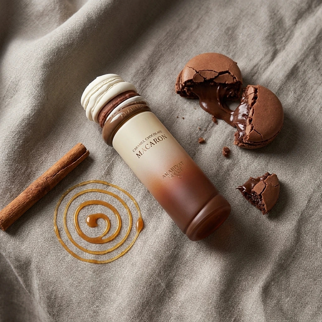 Angle : Nadir parfait (Zénithal à 90 degrés).  Scène : Le flacon de l'image image_8bb442.jpg est allongé horizontalement. Autour de lui, la matière s'exprime : une coque de macaron au chocolat brisée laissant échapper sa ganache, un bâton de cannelle brut et une traînée géométrique parfaite de caramel liquide doré dessinant une spirale sur le sol.  Fond & Éclairage : Une nappe en lin lourd, froissée et texturée, couleur grège (entre le beige et le gris). Éclairage latéral très doux imitant une lumière natur