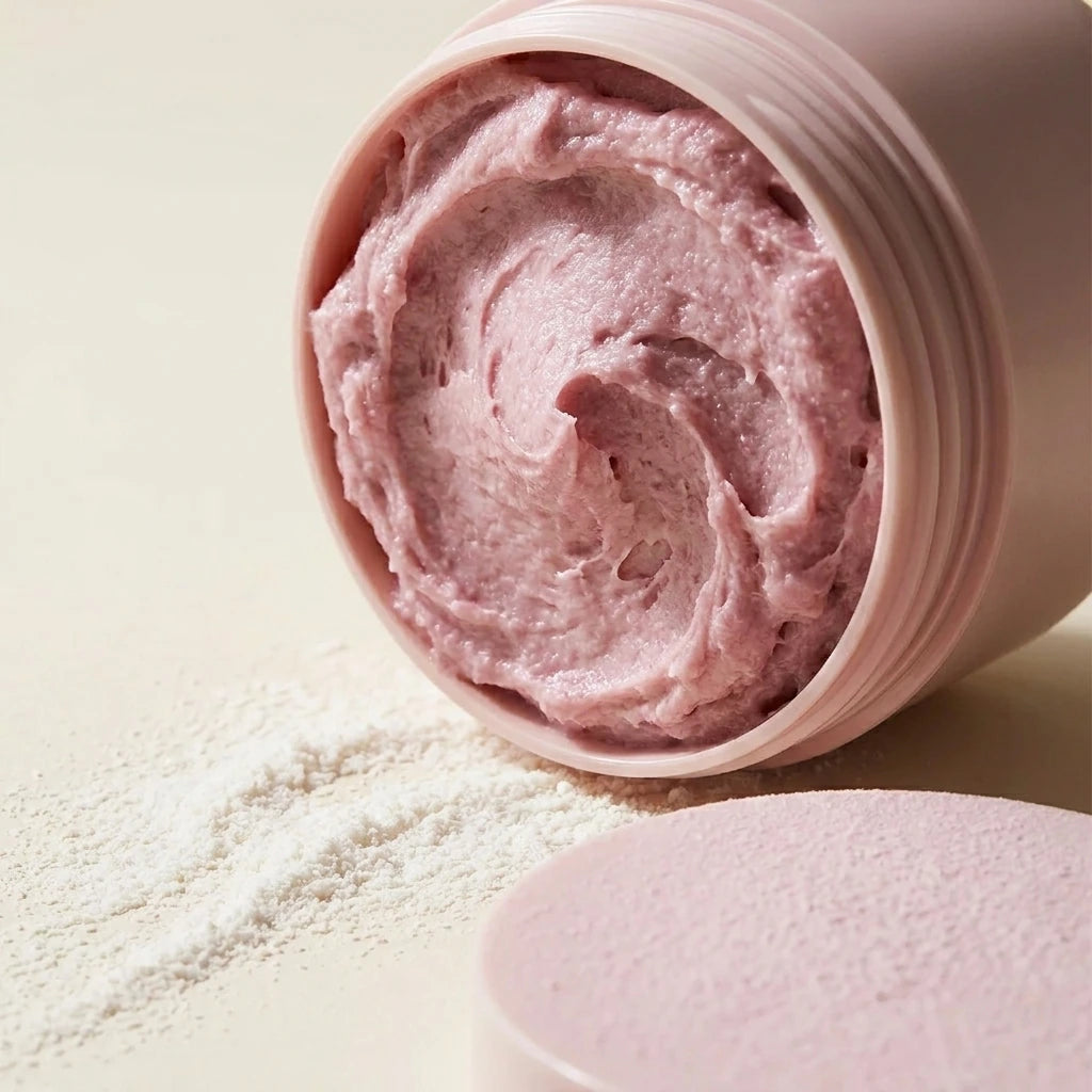 Angle : Gros plan macro très serré, focus sur le filetage du pot et la pâte.  Scène : Le pot d'Arencia est ouvert, révélant la texture dense, malléable et généreuse du nettoyant rose. Le couvercle rose poudré est posé à plat au premier plan, légèrement flou. Une fine traînée de poudre de riz blanc est artistiquement étalée sur le support, contrastant avec l'onctuosité de la pâte de mochi.  Fond & Lumière : Arrière-plan épuré couleur crème. Un éclairage de studio rasant met en valeur chaque imperfection et o