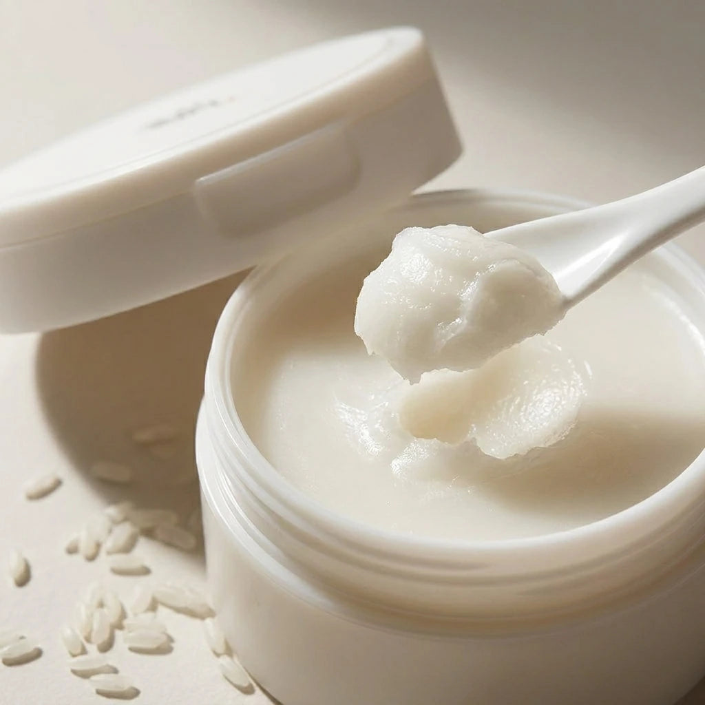 Angle : Gros plan macro très serré, angle incliné.  Scène : Le pot de l'image est ouvert. Le couvercle blanc mat est posé de biais au second plan. Une spatule fine en céramique blanche a prélevé une noisette généreuse du baume nettoyant, révélant sa texture cireuse, dense mais fondante, d'un blanc laiteux. Quelques grains de riz blanc sont éparpillés à la base du pot.  Éclairage : Lumière rasante de studio pour sculpter les détails du baume sur la spatule et révéler son onctuosité. (gemini-3-pro-image-previ