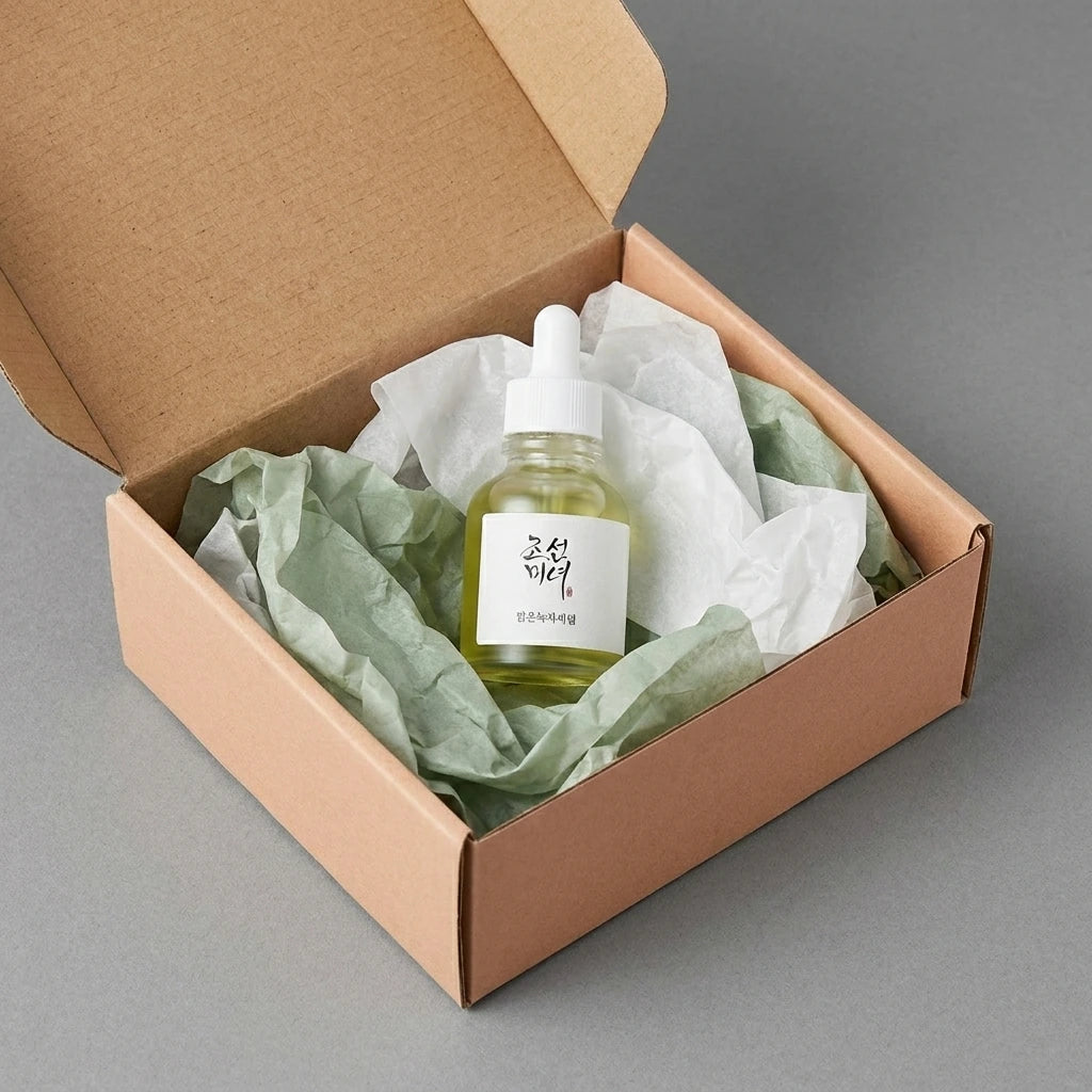 Angle : Vue oblique descendante à mi-hauteur.  Scène : Le flacon de sérum au thé vert est présenté debout à l'intérieur d'un coffret e-commerce ouvert en carton kraft mat couleur terre cuite très pâle ou beige. Le produit est délicatement niché au milieu d'une superposition de papiers de soie froissés blanc laiteux et vert sauge très doux.  Fond & Éclairage : Surface de studio mate contemporaine grise. Éclairage uniforme, clair et très lumineux pour un aspect catalogue premium. (gemini-3-pro-image-preview)