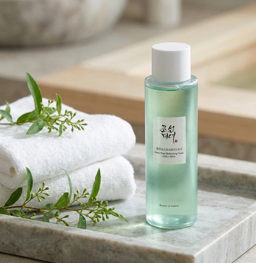 Angle 3/4 rapproché  Beauty of Joseon Green Plum Refreshing Toner displayed on smooth stone tray beside folded white towels and green botanical elements, luxury spa atmosphere, soft daylight, photorealistic skincare photography, premium Korean cosmetic advertising. (gemini-3-pro-image-preview)