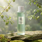 Angle 3/4  Beauty of Joseon Green Plum Refreshing Toner displayed on natural stone in a serene Korean garden, green plum tree branches in the background, soft morning mist, natural sunlight, premium skincare photography, luxury cosmetic campaign, realistic botanical environment. (gemini-3-pro-image-preview)