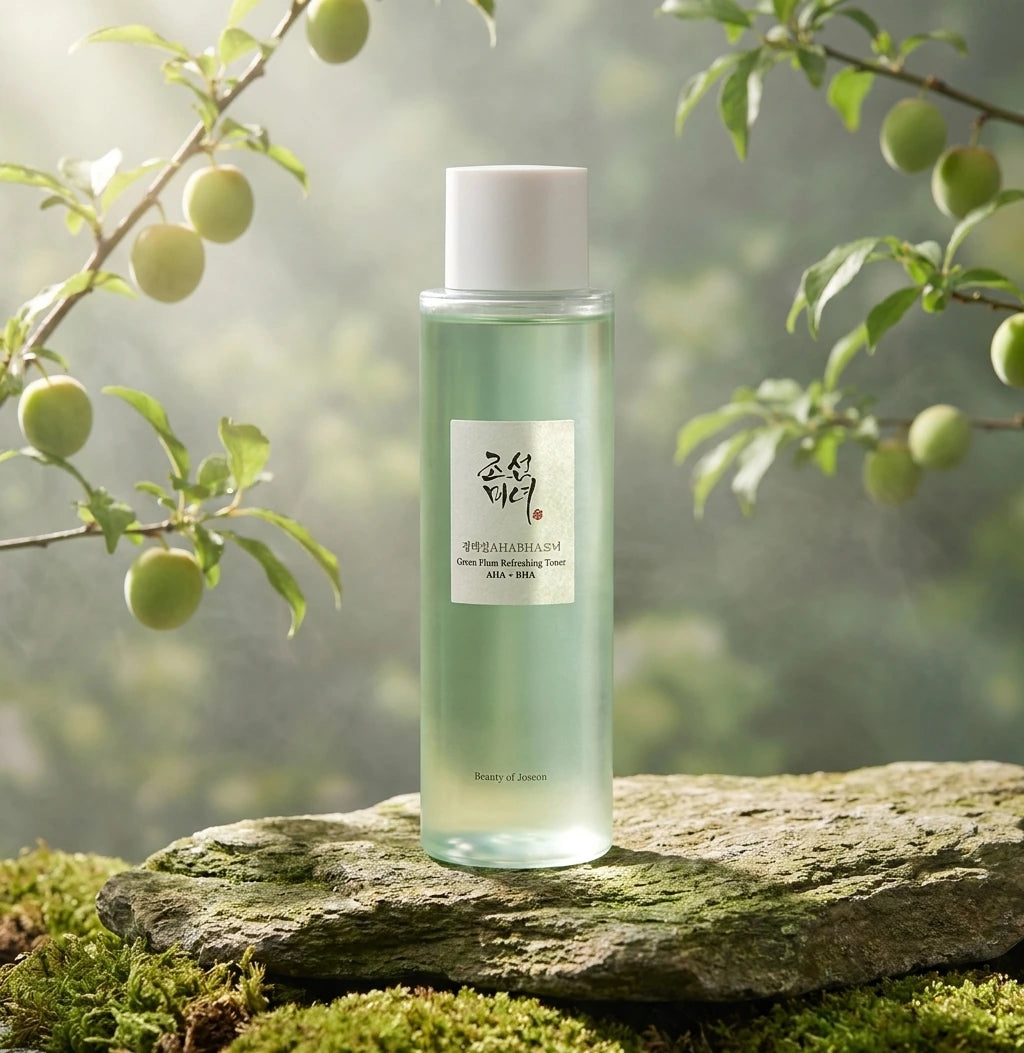 Angle 3/4  Beauty of Joseon Green Plum Refreshing Toner displayed on natural stone in a serene Korean garden, green plum tree branches in the background, soft morning mist, natural sunlight, premium skincare photography, luxury cosmetic campaign, realistic botanical environment. (gemini-3-pro-image-preview)