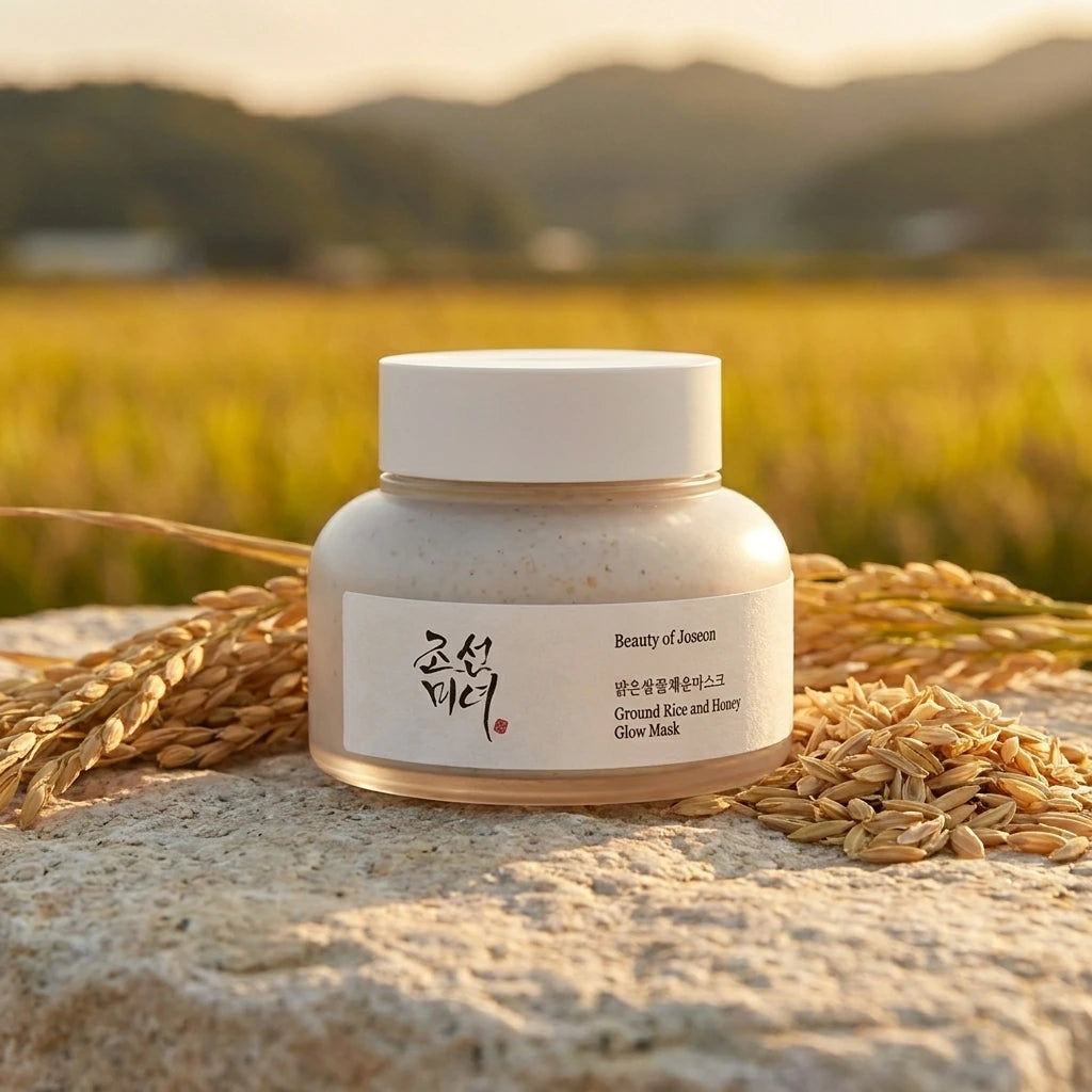 Angle : niveau des yeux  Beauty of Joseon Ground Rice and Honey Glow Mask displayed on natural stone among golden rice stalks, soft sunrise lighting, traditional Korean countryside inspiration, luxury skincare product photography, realistic atmosphere, premium beauty campaign, shallow depth of field. (gemini-3-pro-image-preview)