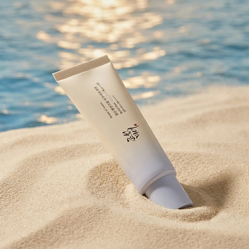Angle : 45°  Beauty of Joseon Relief Sun SPF50+ placed on smooth beige sand with soft ocean reflections in the background, luxury summer skincare campaign, premium sunscreen photography, realistic natural sunlight, photorealistic beauty advertising. (gemini-3-pro-image-preview)