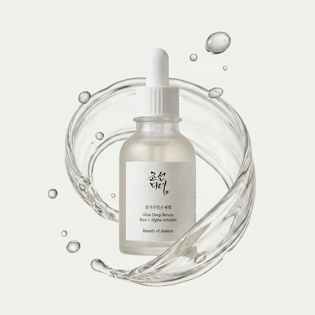 Angle : Contre-plongée légère  Le flacon Beauty of Joseon Glow Deep Serum au centre d'un élégant tourbillon de sérum transparent figé dans le mouvement. Quelques gouttes flottent autour du produit. Éclairage studio premium, fond blanc cassé, photographie publicitaire ultra réaliste. (gemini-3-pro-image-preview)
