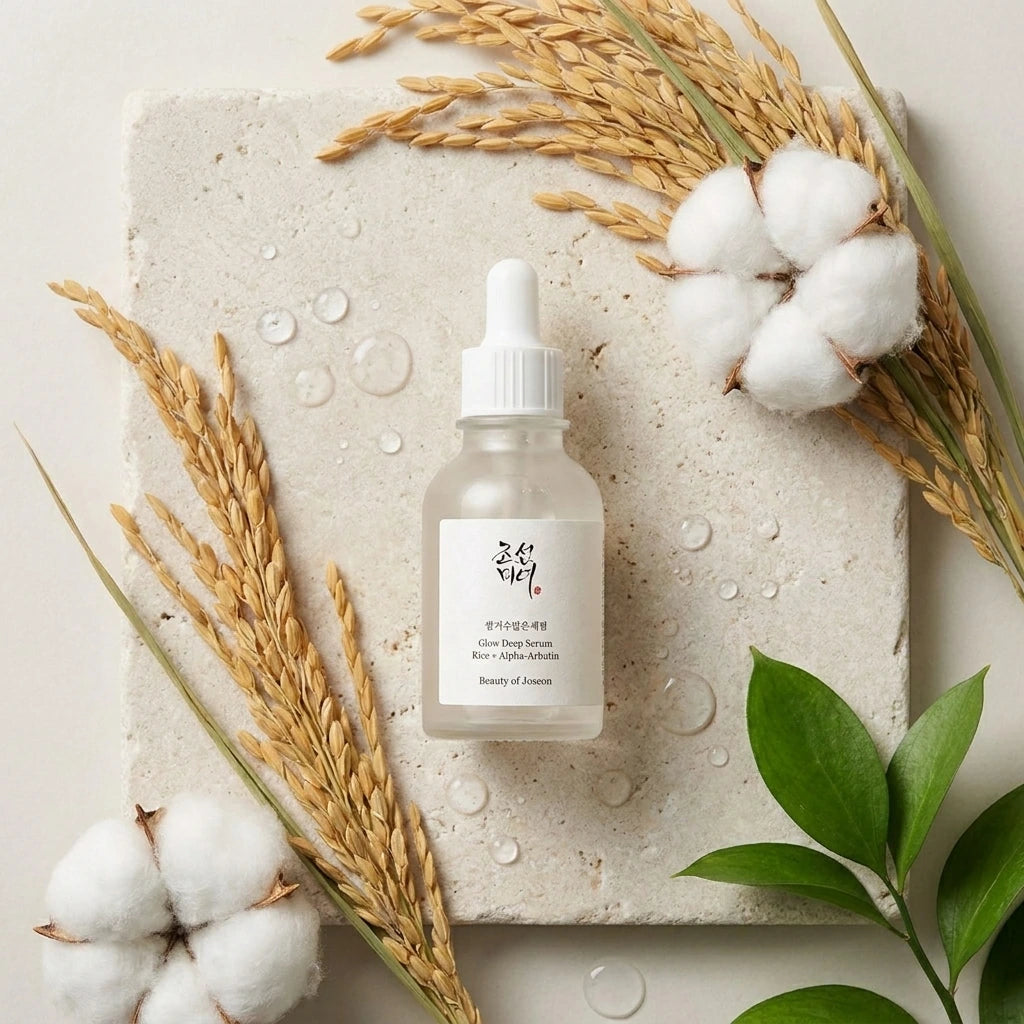 Angle : 90° (Top View)  Vue aérienne du Beauty of Joseon Glow Deep Serum posé sur une pierre claire entourée d'épis de riz, de fleurs de coton, de feuilles vertes et de gouttes d'eau. Composition harmonieuse et minimaliste, photographie premium. (gemini-3-pro-image-preview)