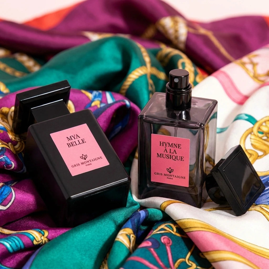 Un parfum pour chaque occasion : Un gros plan sur les deux flacons de parfum "Mya Belle" et "Hymne à la Musique" posés sur une pile de foulards en soie colorés. Un flacon est ouvert, prêt à être utilisé. La lumière est vive et joyeuse. (gemini-3-pro-image-preview)