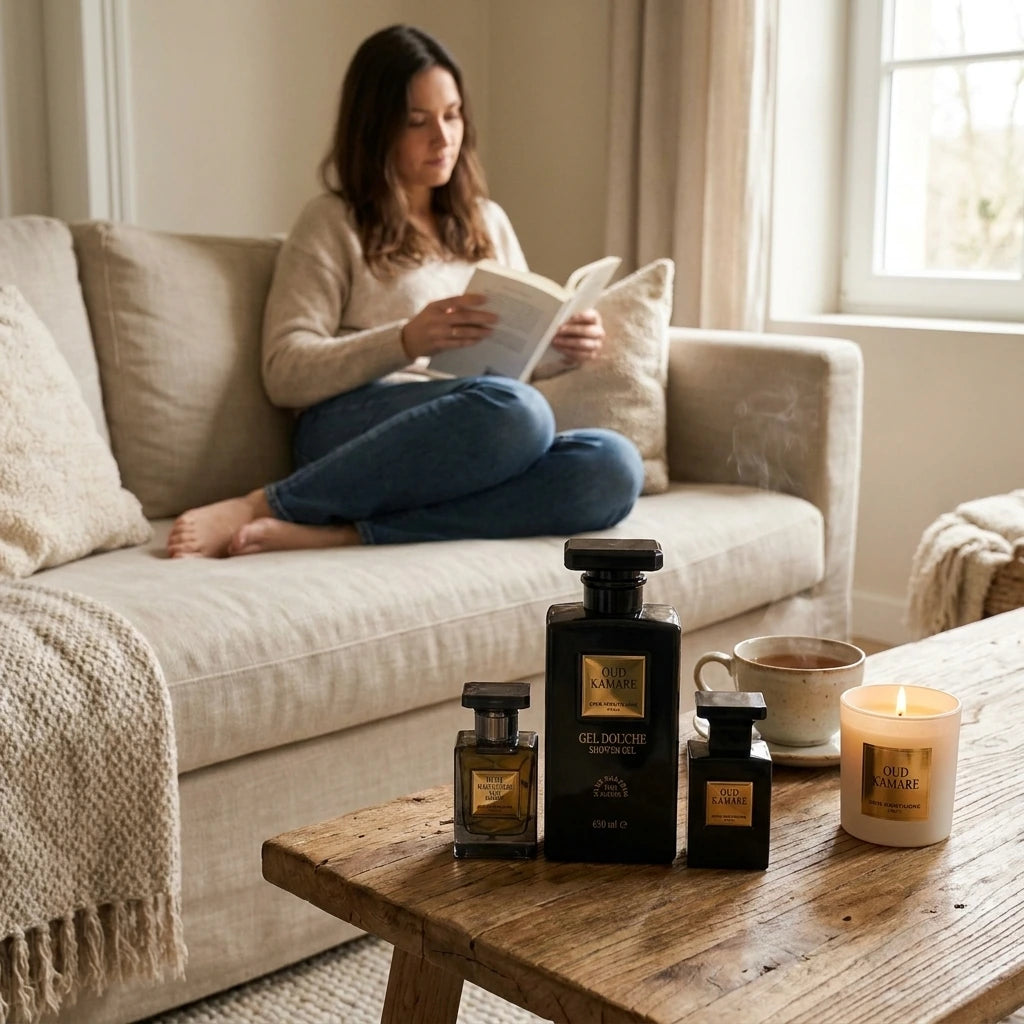 Style : Photographie e-commerce avec mise en scène.  Angle : Plan moyen, la scène est à hauteur d'œil.  Fond : Un salon chaleureux et cozy, avec un canapé en lin clair et une table basse en bois.  Produit : Une femme lit un livre sur le canapé. Sur la table basse devant elle, le coffret Gris Montaigne est ouvert, révélant les trois flacons. À côté, une tasse de thé chaude et une bougie allumée.  Lumière : Lumière naturelle et douce, venant d'une fenêtre à proximité. (gemini-3-pro-image-preview)