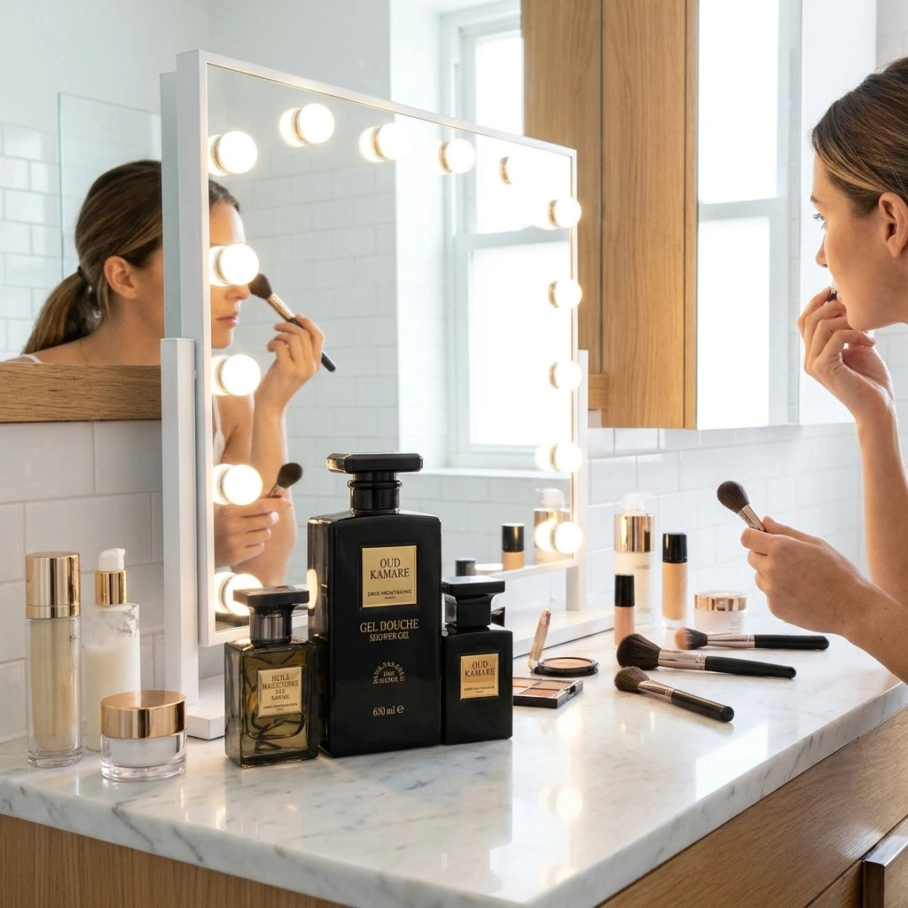 Style : Photographie e-commerce avec mise en scène.  Angle : Plan d'ensemble, angle légèrement plongeant.  Fond : Une salle de bain lumineuse et moderne.  Produit : Le coffret Gris Montaigne est posé sur le plan de toilette, à côté d'un miroir éclairé et de produits de maquillage. Une femme se prépare devant le miroir.  Lumière : Lumière vive et énergique. (gemini-3-pro-image-preview)