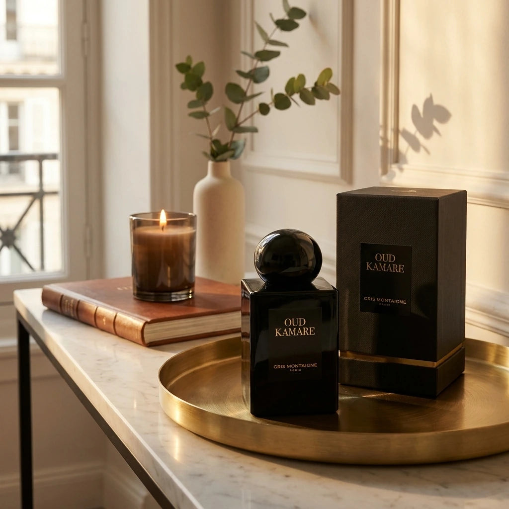 Angle : Plan moyen, type photo de magazine d'art de vivre ou réseaux sociaux.  Fond : Une console de designer en marbre ou une étagère en bois noble dans un appartement haussmannien.  Le Prompt à copier :  Une photographie lifestyle e-commerce haut de gamme. Le flacon de parfum noir "OUD KAMARE" est posé à côté de sa boîte d'origine sur un plateau en laiton brossé. En arrière-plan, la scène comprend un livre d'art relié en cuir, une bougie parfumée allumée dans un verre fumé et un petit vase minimaliste con