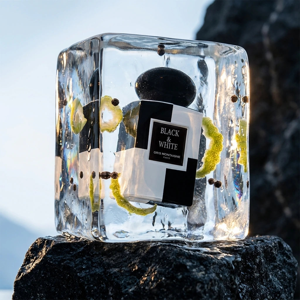 L'idée : Symboliser les notes de tête par la transition entre le froid de l'hiver (le blanc) et la roche (le noir).  Le Prompt à copier :  Gros plan dynamique et texturé pour un site de luxe. Le flacon "BLACK & WHITE" est encastré dans un bloc de glace pure et transparente, posé sur une roche de granit noir. La glace commence à fondre doucement sous un rayon de soleil matinal, libérant des zestes de bergamote givrés et des baies de poivre noir qui semblent flotter dans les gouttes d'eau. La lumière traverse