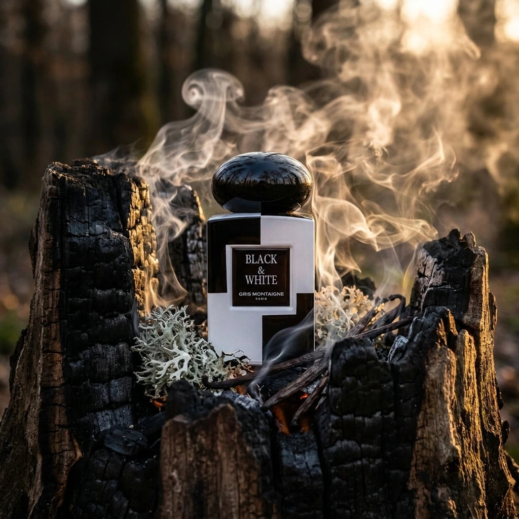 L'idée : Ancrer le parfum dans la terre et le bois brûlé pour exprimer la puissance du sillage.  Le Prompt à copier :  Photographie de produit brute et texturée en contre-plongée. Le flacon "BLACK & WHITE" trône au cœur d'une souche d'arbre centenaire calcinée, révélant le charbon noir et les veines du bois. Des fissures de la souche s'échappe une fine fumée blanche d'encens mystique qui s'enroule autour du flacon. À sa base, de la mousse de chêne argentée et des gousses de vanille sauvage apportent une tou