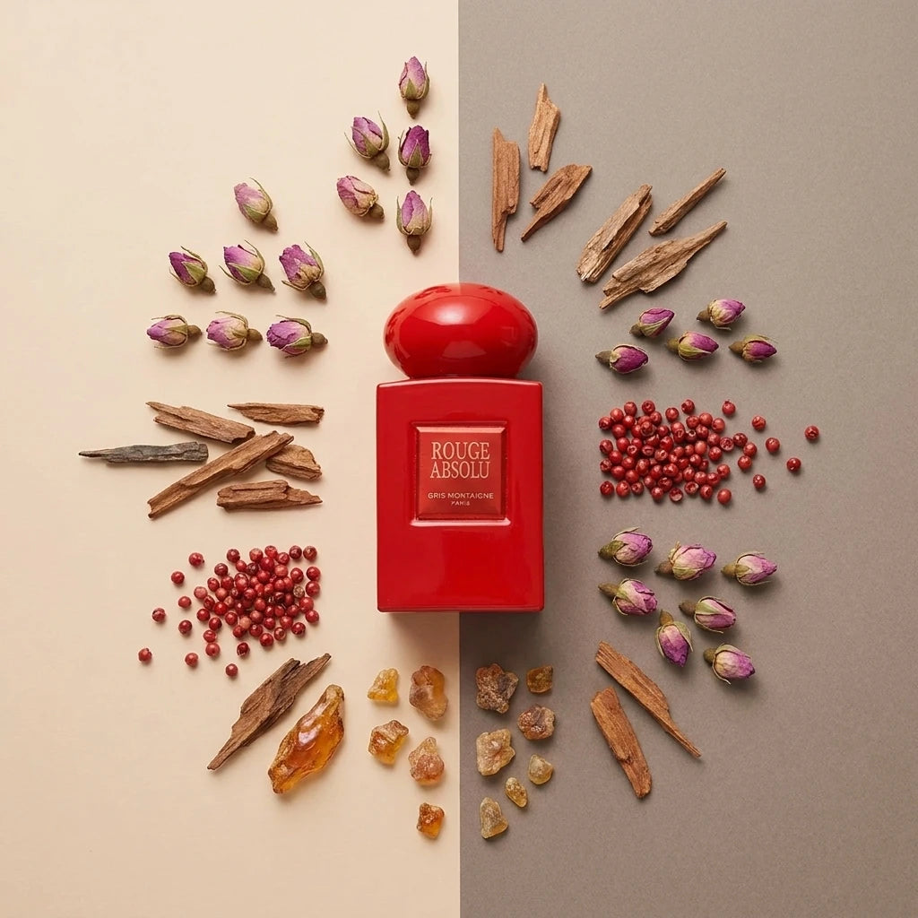 Concept de shooting : Une vue de dessus structurée mariant le packaging aux éléments de sa pyramide olfactive.  Le Prompt à copier :  Une vue de dessus (flat-lay) géométrique et artistique pour catalogue de luxe. La boîte rouge fermée de "ROUGE ABSOLU" est positionnée au centre d'une surface mate bicolore. Tout autour du packaging, les ingrédients bruts du parfum sont disposés avec une précision millimétrée : des boutons de rose séchés, des éclats de bois précieux, des baies roses et des larmes d'ambre. Écl