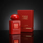 Concept de shooting : Une mise en scène studio classique et intemporelle de la haute parfumerie.  Le Prompt à copier :  Une photographie publicitaire de haute parfumerie en studio. La boîte de luxe rouge fermée "ROUGE ABSOLU" est installée au second plan. Juste devant elle, au premier plan, le flacon rouge laqué au bouchon sphérique brillant trône fièrement sur un sol miroir noir hautement réfléchissant. Le fond est un dégradé subtil de gris foncé à noir mat. Un éclairage de studio précis crée un halo lumin