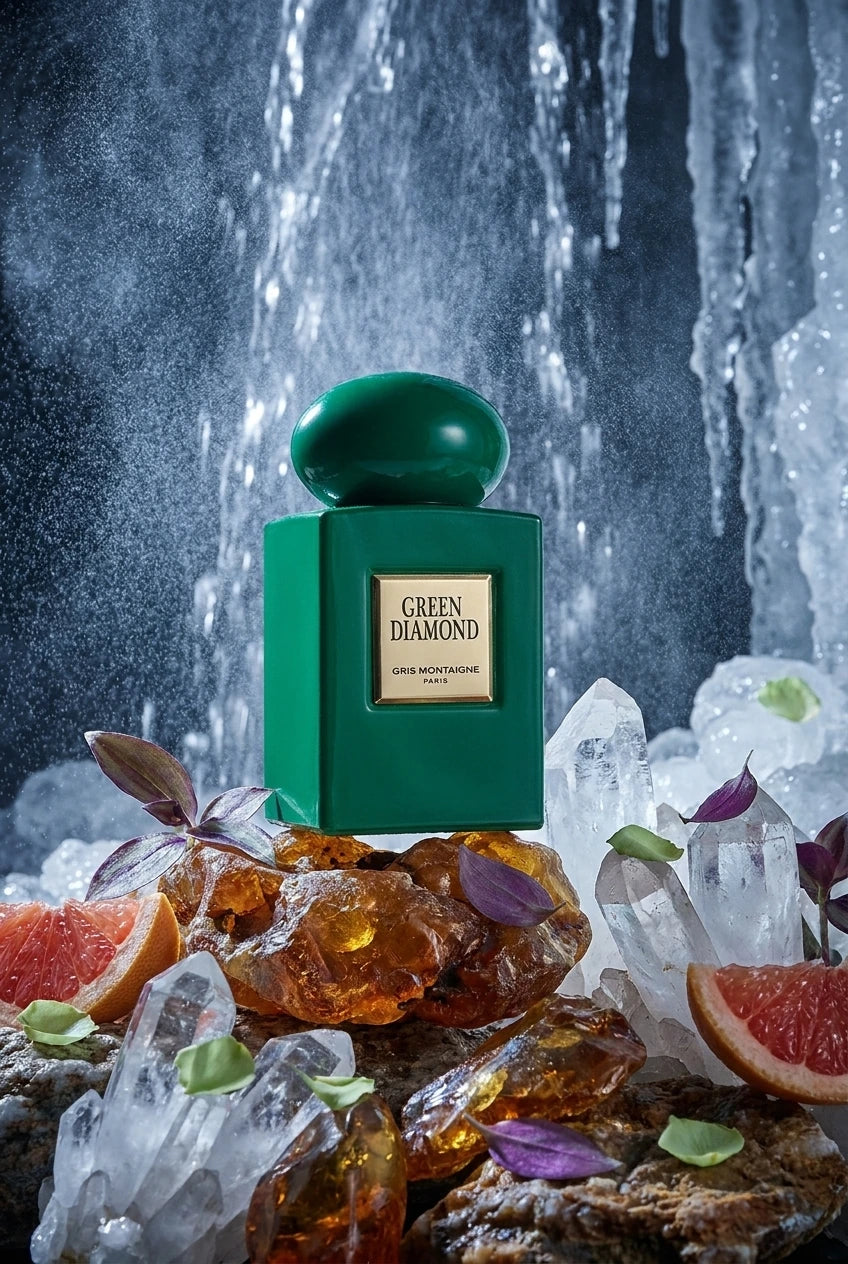 Un plan moyen d'un flacon de parfum vert émeraude, image_0.png, reposant sur une formation de pierre d'ambre brut et des cristaux de quartz clairs. Derrière lui, une cascade d'eau glacée est capturée en mouvement lent, créant un brouillard fin. L'éclairage est froid, théâtral, soulignant la plaque dorée de image_0.png. Des feuilles de violette et de petits pétales de rose verte sont délicatement posés sur les rochers, avec des éclats de pamplemousse rose. Style : Photographie d'art conceptuelle, hyper-détai