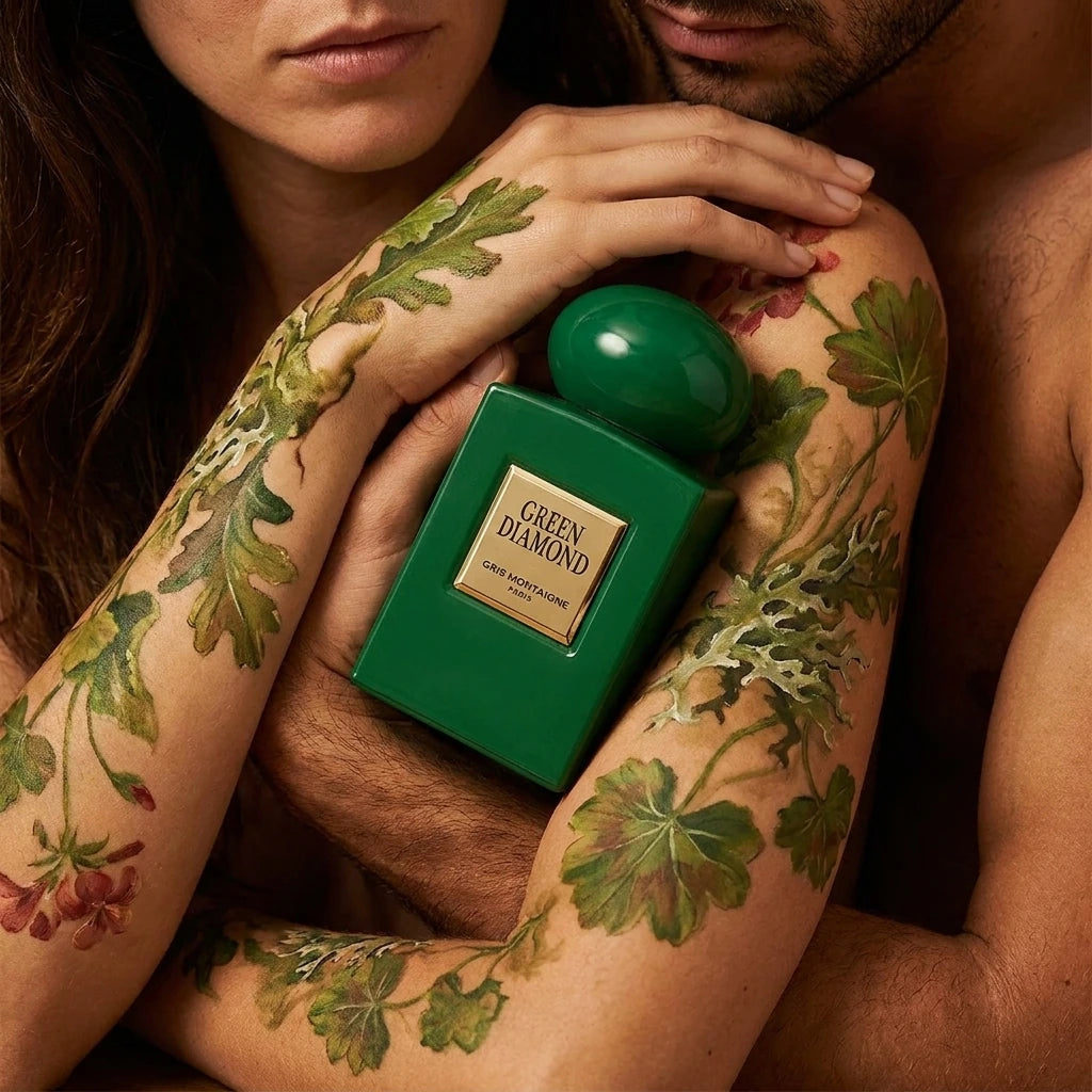 Un plan en plongée rapproché de deux personnes (une femme et un homme) dont les bras s'entrelacent autour du flacon de image_0.png. Leurs bras sont peints de motifs organiques de mousse de chêne et de feuilles de géranium, se fondant l'un dans l'autre. Le flacon de image_0.png est le cœur de cette étreinte, sa plaque dorée reflétant leurs peaux. La lumière est tamisée, chaude et intime. Style : Photographie d'art corporelle, composition tactile. (gemini-3-pro-image-preview)