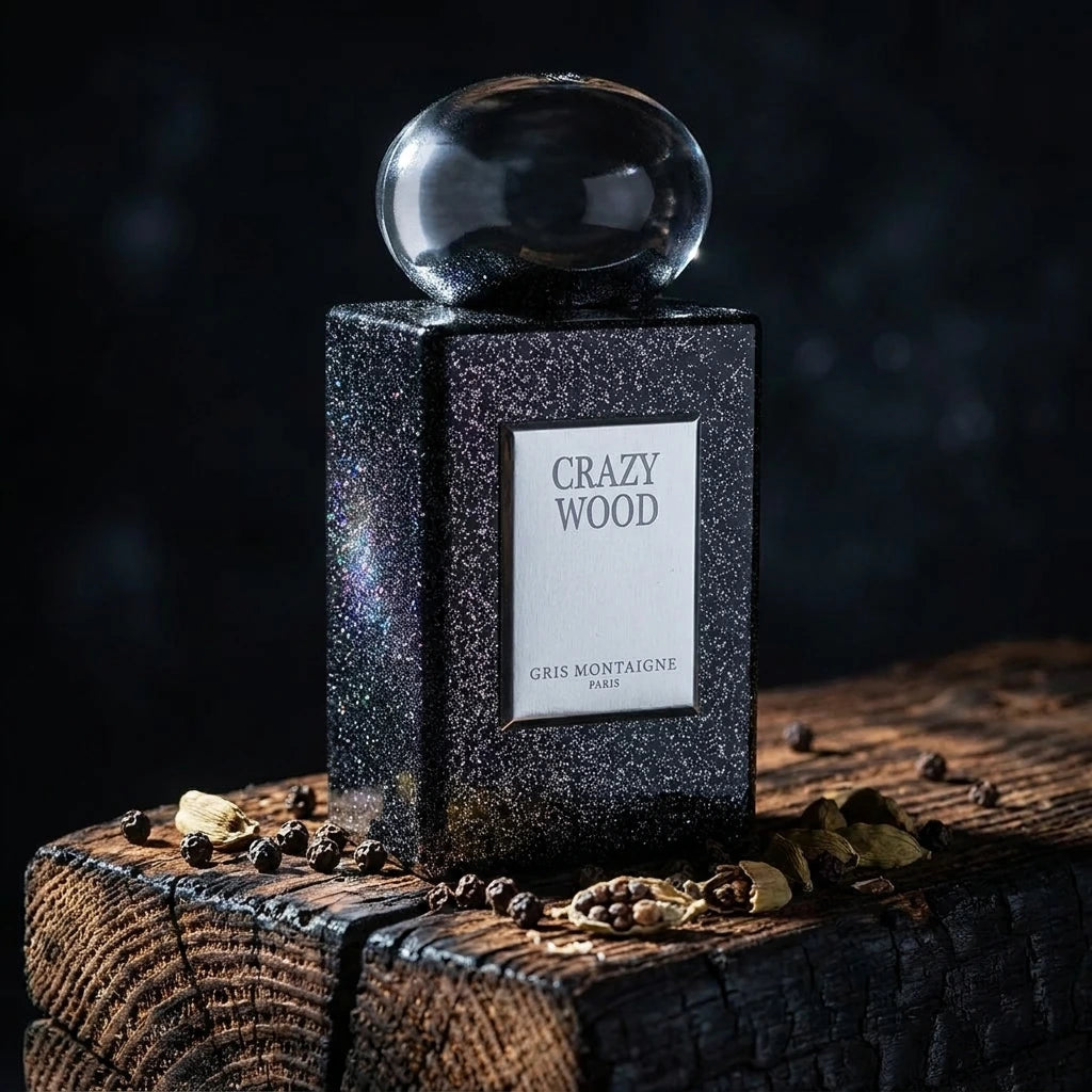 Un plan moyen et rigoureusement frontal du flacon de parfum image_5.png posé au centre d’un bloc de bois de cèdre calciné et texturé. À l’arrière-plan, un éclairage subtil crée un jeu de reflets sur la texture pailletée noire du corps de image_5.png, rappelant une galaxie étoilée. Quelques cristaux de poivre noir et des gousses de cardamome éclatées entourent la base. Style : Photographie publicitaire de luxe, atmosphère mystérieuse et sombre. (gemini-3-pro-image-preview)