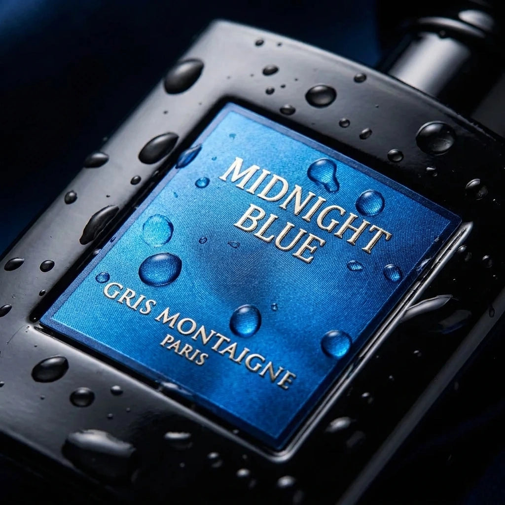 Un plan macro très serré concentré sur l'étiquette bleue métallique texturée 'MIDNIGHT BLUE' de l'un des flacons de image_20c739.jpg. De micro-gouttelettes d'eau pure perlent de façon réaliste sur la surface noire lisse et sur le rectangle bleu, faisant écho à l'univers aquatique et rafraîchissant de la douche. L'arrière-plan présente un flou artistique (bokeh) très sombre aux nuances bleu nuit. Style : Photographie de produit sensorielle. (gemini-3-pro-image-preview)