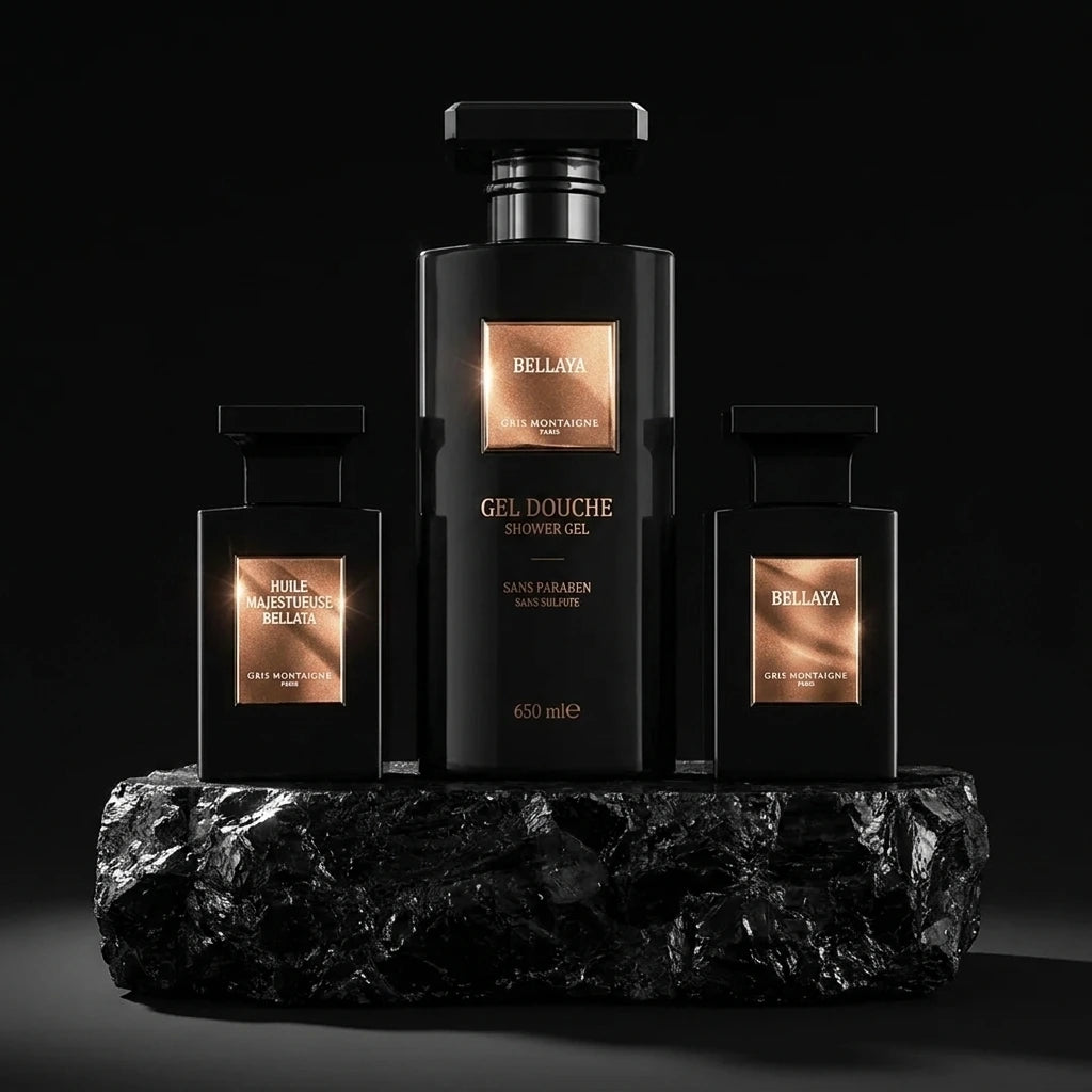 Un plan moyen net et frontal focalisé sur le grand flacon de gel douche et les deux bouteilles de parfum de image_221fc1.jpg, isolés de leur boîte arrière. Les produits sont alignés sur un bloc de quartz noir brut. Un spot directionnel précis frappe directement les étiquettes or rose métallisées de image_221fc1.jpg, révélant leur éclat subtil et haut de gamme au milieu de l'opacité noire. Style : Photographie cosmétique de haute précision. (gemini-3-pro-image-preview)