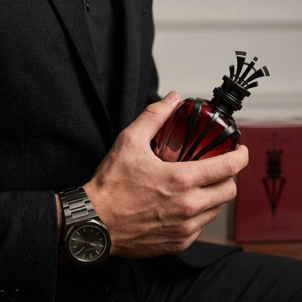 Un plan serré et intimiste centré sur les mains d'un mannequin homme au poignet orné d'une montre de luxe en acier brossé sombre. Ses doigts tiennent fermement et avec assurance le corps sculptural en verre dégradé rouge et métal noir du flacon de image_2dfda2.jpg, extrait de son coffret visible en arrière-plan flou. Le fond de l'image montre la texture noble d'une veste de costume sur mesure noire texturée. Style : Campagne publicitaire de mode et de parfum de luxe masculin. (gemini-3-pro-image-preview)