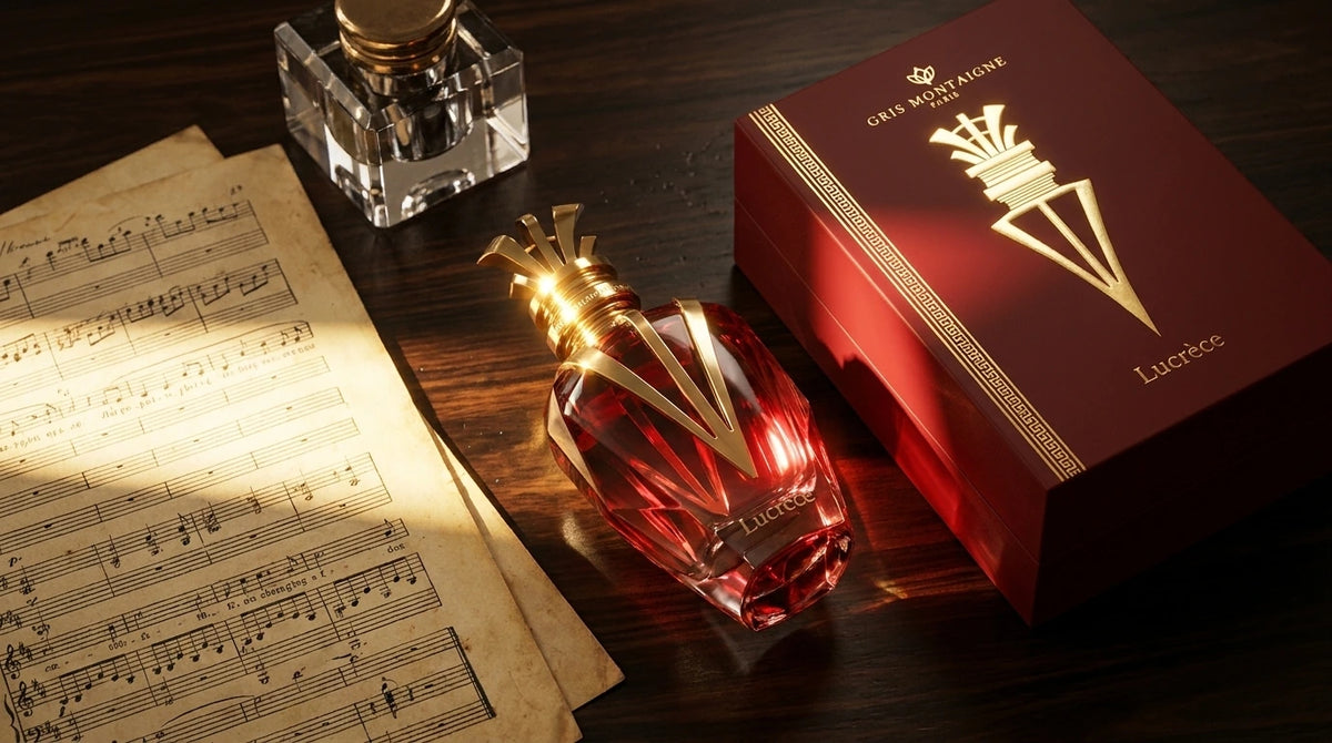 Un plan large oblique montrant le coffret et le flacon de image_ee1e0.jpg disposés sur un bureau en bois d'ébène verni. À côté d'eux, une partition de musique ancienne aux pages jaunies et un encrier en cristal sont visibles. Un pinceau de lumière rasante traverse horizontalement la scène, illuminant le jus rouge translucide du flacon et faisant vibrer les lettrages dorés de image_2ee1e0.jpg. Style : Campagne narrative cinématographique. (gemini-3-pro-image-preview)
