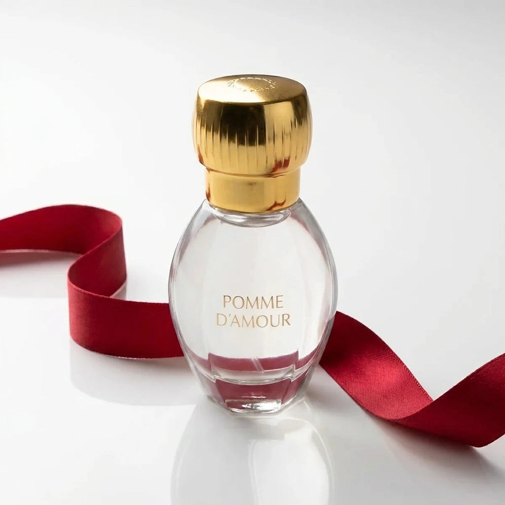 Un plan moyen en plongée à 60 degrés du flacon de image_2fd2a0.jpg délicatement posé sur une surface laquée blanche impeccable. Un ruban de soie fluide couleur rouge carmin ondule de manière asymétrique autour du flacon. La lumière rasante souligne la rondeur parfaite de la bouteille et l'éclat miroir de son bouchon métallique doré de image_2fd2a0.jpg. Style : Éditorial de beauté épuré. (gemini-3-pro-image-preview)