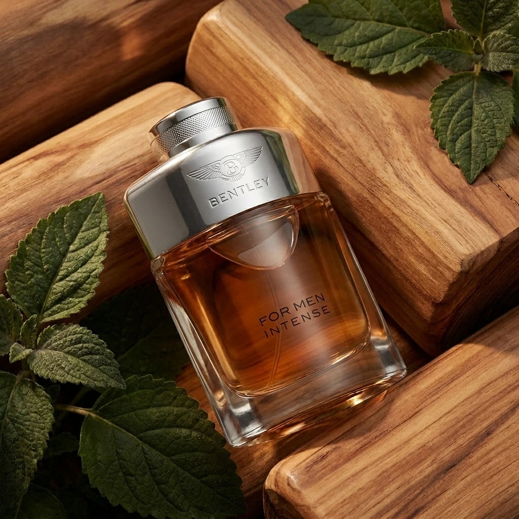 Dynamic commercial studio shot of a 100ml bottle of Bentley For Men Intense. The bottle is positioned in the center, surrounded by an artistic explosion of cracked black pepper corns and warm amber resin pieces frozen in mid-air. Bright, clean studio lighting, high-speed photography style, ultra-sharp focus on the product, vibrant colors, photorealistic, 8k texture. (gemini-3-pro-image-preview)