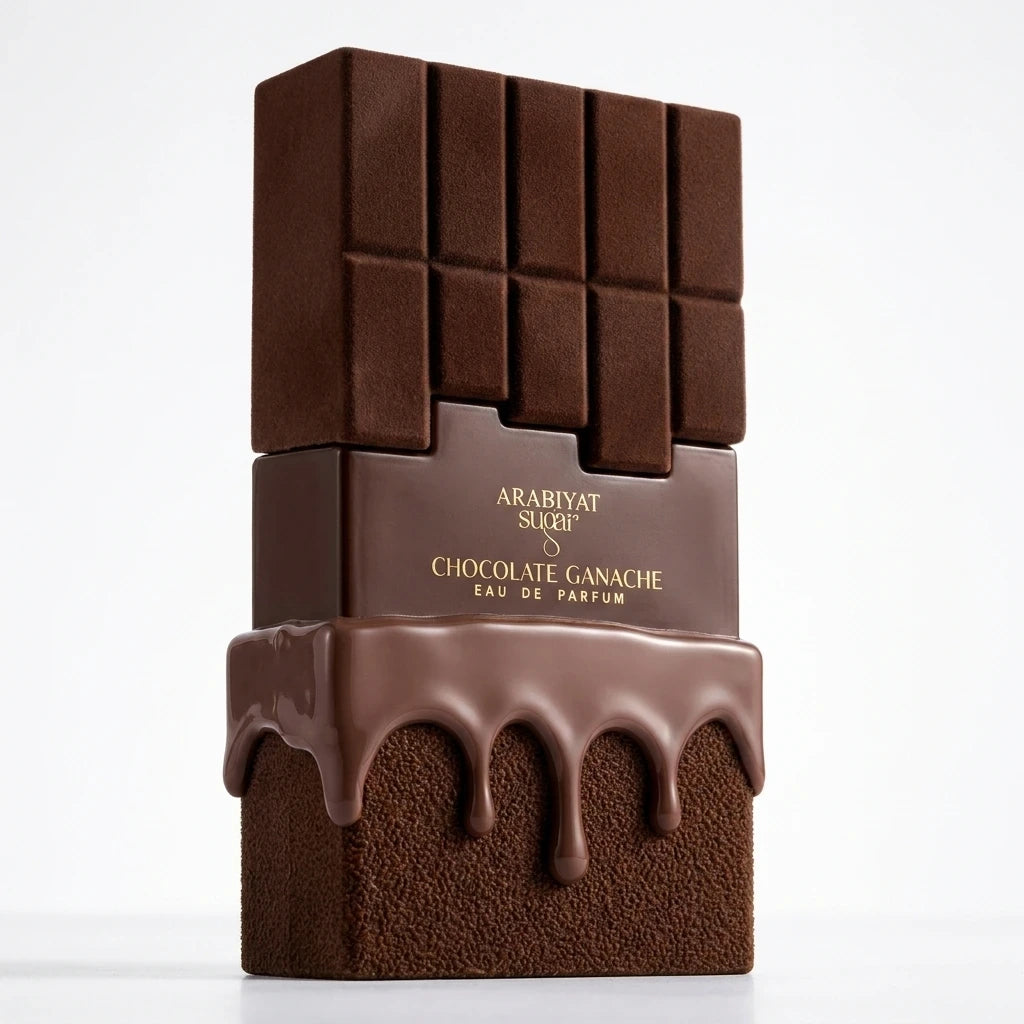 Creative e-commerce shot of the Arabiyat Sugar Chocolate Ganache perfume bottle inspired by image_a2e8e7.jpg. The bottle stands elegantly on a dark slate surface, surrounded by rich cocoa powder dusting, a few glossy dark chocolate truffles, and delicate chocolate curls scattered around. The background is a soft, moody, dark brown and gold bokeh blur. Indulgent, luxurious, and deeply intense fragrance concept. Aspect ratio 1:1, size 1200x1200px. (gemini-3-pro-image-preview)