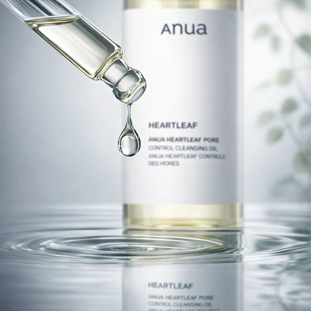 Le Miroir de l'Huile & de l'Eau (Gros Plan Macro)Angle : Macro RapprochéPrompt : An intimate, close-up abstract view focusing on the dropper of the "Heartleaf Pore Control Cleansing Oil" bottle. The dropper is held just above a shallow, perfectly still pool of the oil, reflecting the bottle and the minimal label. A single, large droplet is about to fall, suspended in perfect clarity. Delicate heartleaf vines are subtly blurred in the extreme background. The lighting is crisp and cool, emphasizing textures. 
