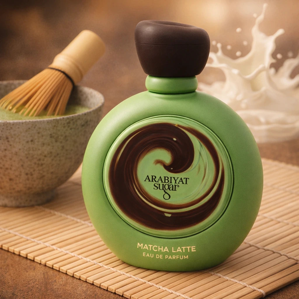 Creative e-commerce shot of the Arabiyat Sugar Matcha Latte perfume bottle inspired by image_a27fa9.jpg. The bottle stands on a smooth, light bamboo mat next to a traditional ceramic bowl filled with frothy, vibrant green matcha tea and a bamboo whisk (chasen). A few elegant swirls of creamy white milk splash gently in the background. Soft-focus, warm, and comforting tea house atmosphere. Indulgent, aesthetic, and sweet concept. Aspect ratio 1:1, size 1200x1200px. (gpt-image-1.5)