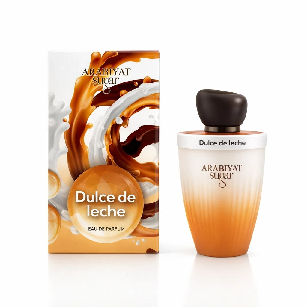 High-resolution studio product photograph inspired by image_a2dd23.jpg, featuring the Arabiyat Sugar Dulce de Leche Eau de Parfum bottle standing next to its beautifully illustrated packaging box. The camera focuses on the elegant frosted glass gradient of the bottle, shifting from milky white at the top to a warm caramel-orange at the ribbed base. The smooth dark brown rounded cap reflects soft studio lighting. Sharp, crisp golden branding text "Arabiyat Sugar" and "Dulce de leche". Photorealistic, 8k. Asp