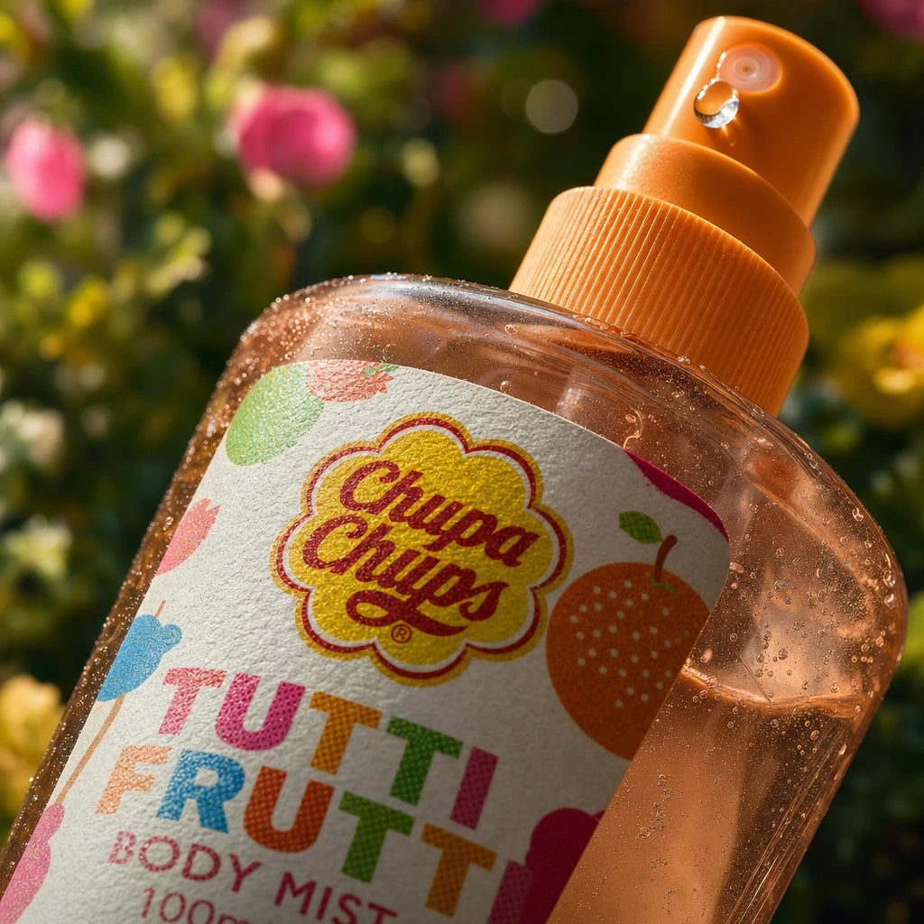 An extreme macro close-up photograph of the Chupa Chups Tutti Frutti Brume Parfumée (Body Mist) bottle, focusing intensely on intricate textures. The camera is super close, showing the palpable, slightly grainy paper texture of the 'TUTTI FRUTTI' label and the fine ink dot patterns of the colorful (pink, orange, blue, green) letters. The transparent plastic of the bottle surface reveals minute scratches, imperfections, microscopic dust, and small air bubbles suspended in the shimmering pink-orange liquid in