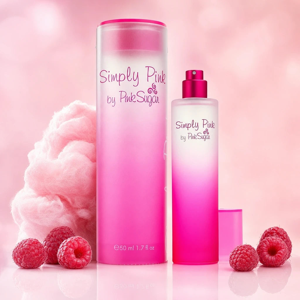 Creative e-commerce shot of Simply Pink by Pink Sugar perfume. The bottle stands on a glossy light pink surface, nestled next to a soft, fluffy cloud of pink cotton candy and a few fresh, glossy raspberries. The background is a dreamy, soft-focus pastel pink gradient. Whimsical, sweet, and playful fragrance concept. Aspect ratio 1:1, size 1200x1200px. (gpt-image-2)
