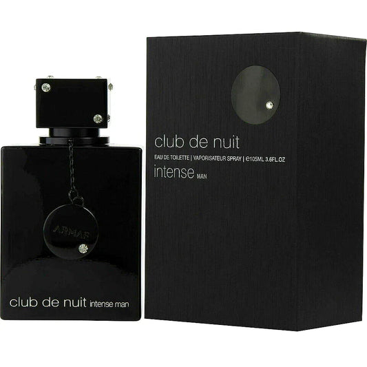 Armaf Club de Nuit Intense Eau de Toilette para hombre - un elegante y moderno frasco de fragancia masculina con tapón negro y detalles plateados, sobre una superficie reflectante.